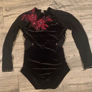 Black leotard with dark red appliqué, dance costume